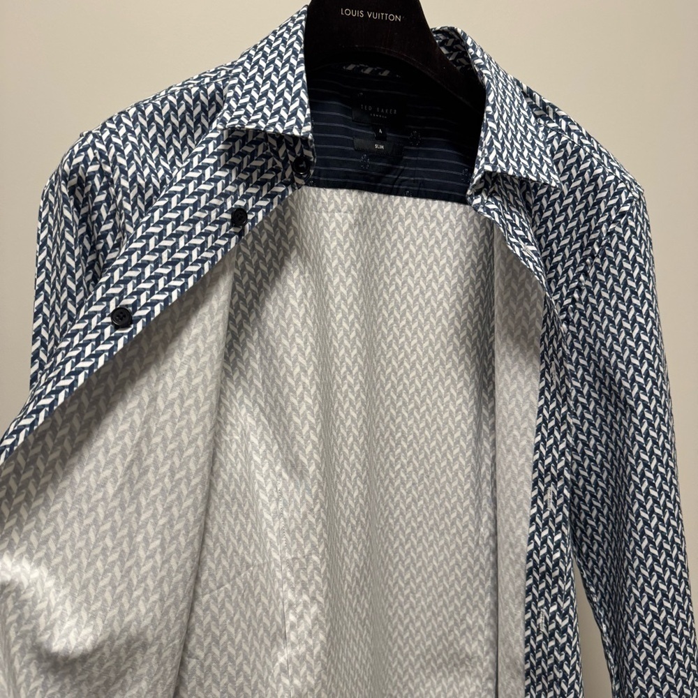 Ted Baker London Slim Fit Blue Geometric Print Shirt (Size 4 / L) - Picture 16 of 16